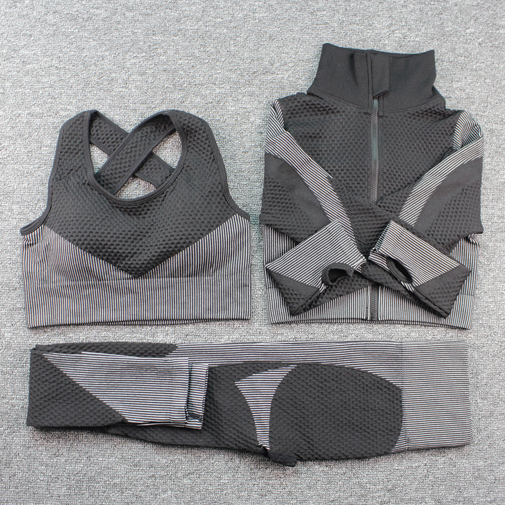 Cross-border seamless yoga three-piece suit for women peach hip sports fitness pants quick-drying breathable sports trousers zipper long sleeves