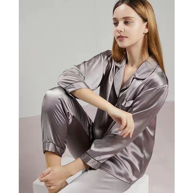 Pajamas men's ice silk long sleeve thin large size loose spring and autumn couple pajamas imitation silk home clothes women's suit