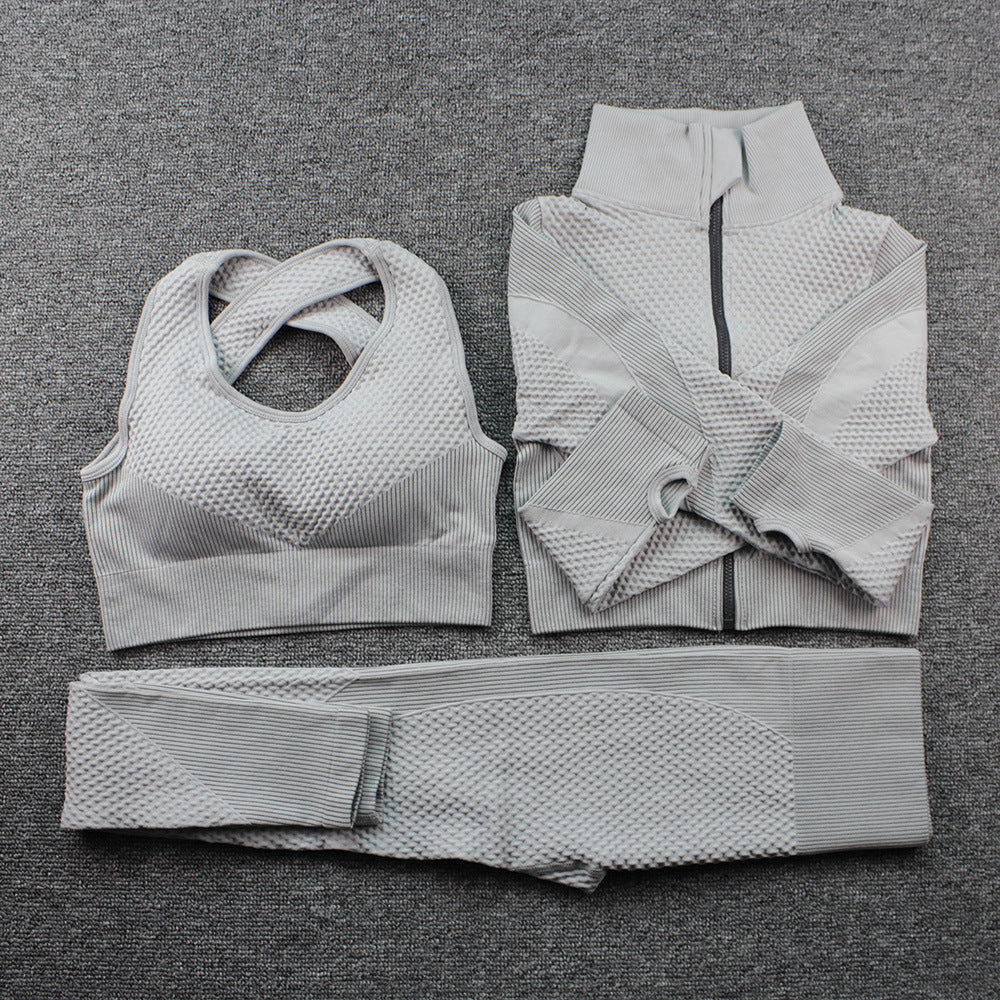 Cross-border seamless yoga three-piece suit for women peach hip sports fitness pants quick-drying breathable sports trousers zipper long sleeves