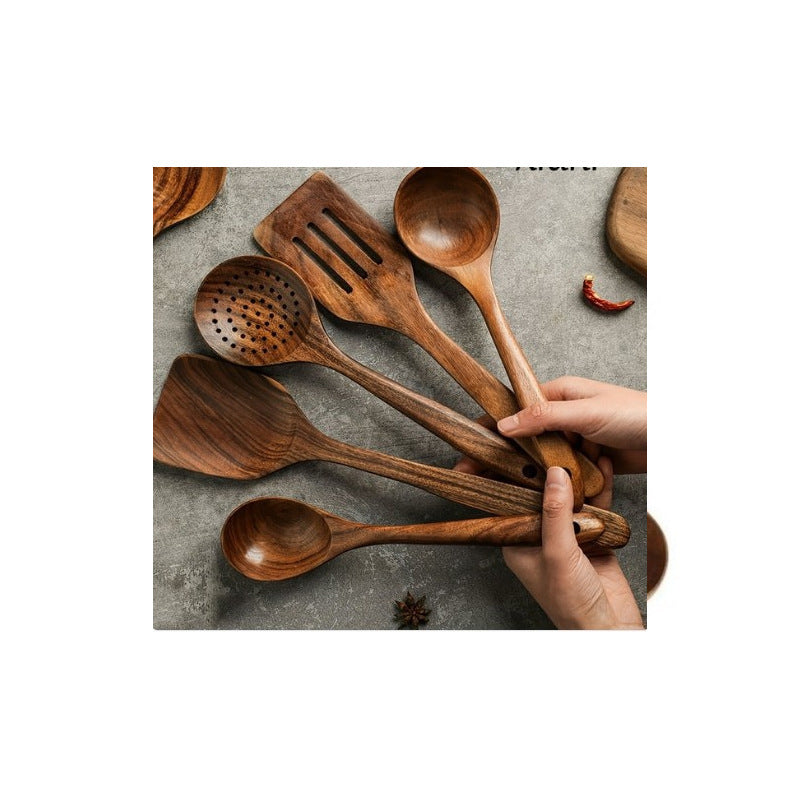 Teak cooking set Acacia wood kitchenware long handle spatula vegetable spatula solid wood spatula spoon fork non-stick pan kitchen 10 piece set