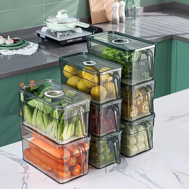 Refrigerator storage box kitchen transparent PET time-keeping drain fresh-keeping box large capacity with handle fruit and vegetable storage box