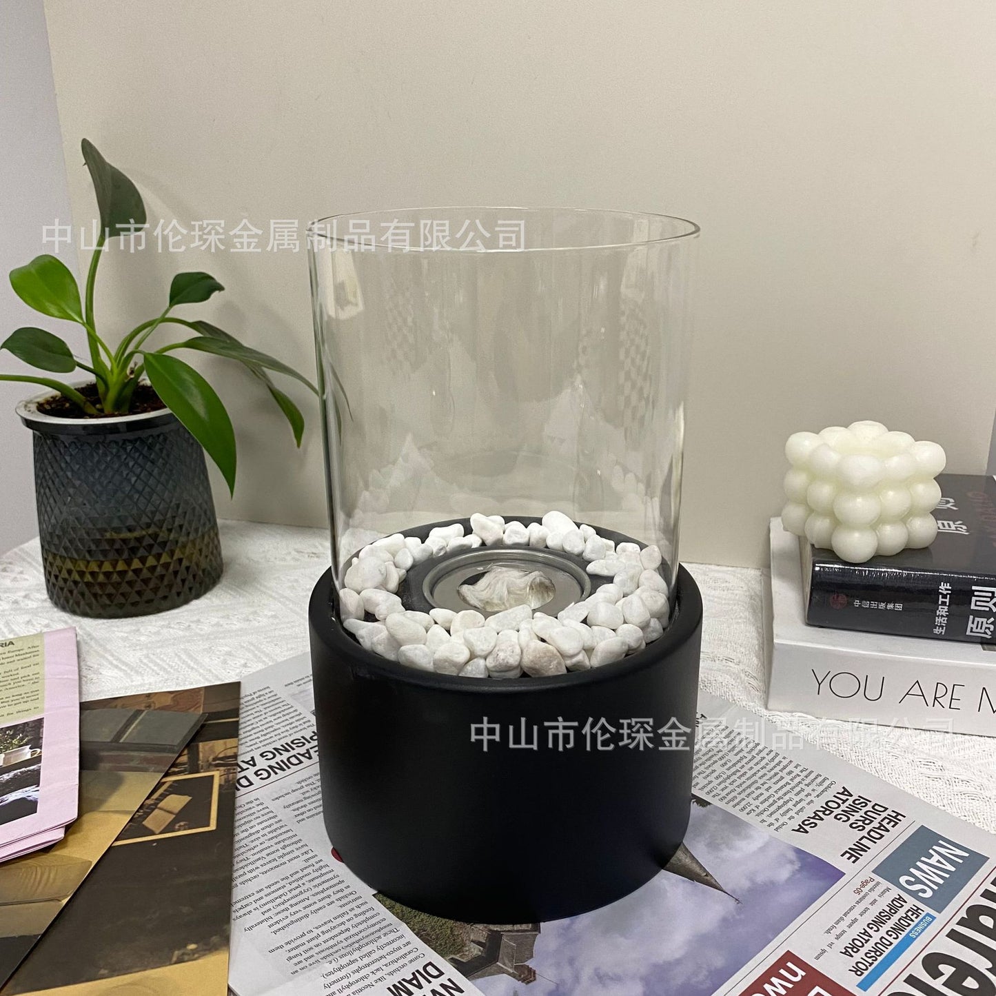 Desktop alcohol fireplace lamp indoor stainless steel small portable heating stove round glass creative atmosphere lamp