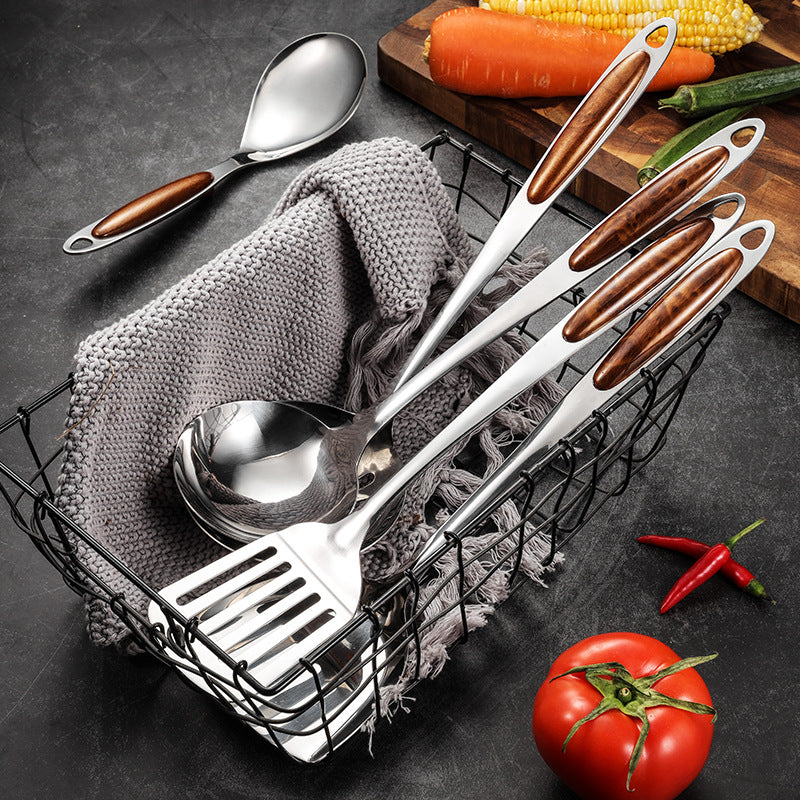 Stainless steel golden peach wood soup spoon household porridge spoon colander frying shovel rice spoon meat fork tongue spoon kitchen 7-piece set