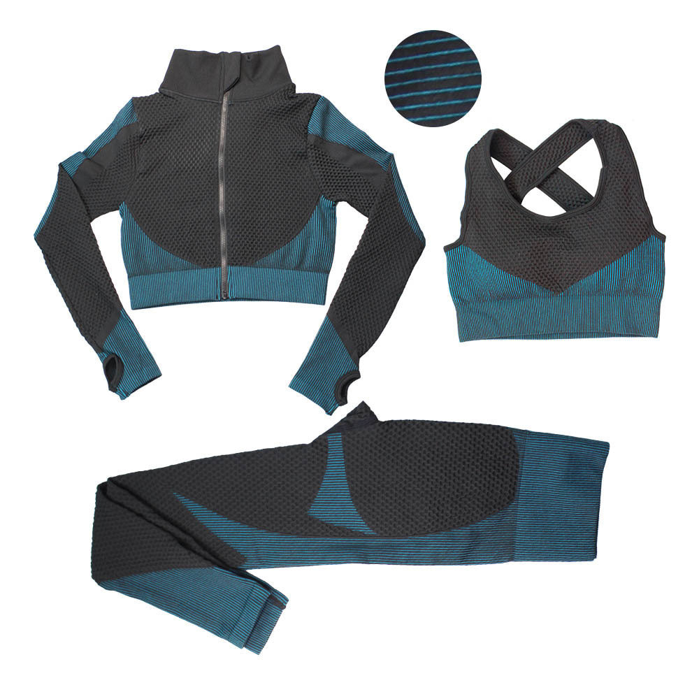 Cross-border seamless yoga three-piece suit for women peach hip sports fitness pants quick-drying breathable sports trousers zipper long sleeves