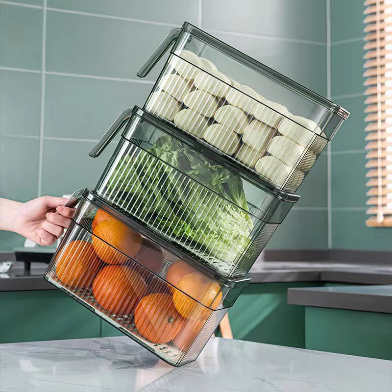 Refrigerator storage box kitchen transparent PET time-keeping drain fresh-keeping box large capacity with handle fruit and vegetable storage box