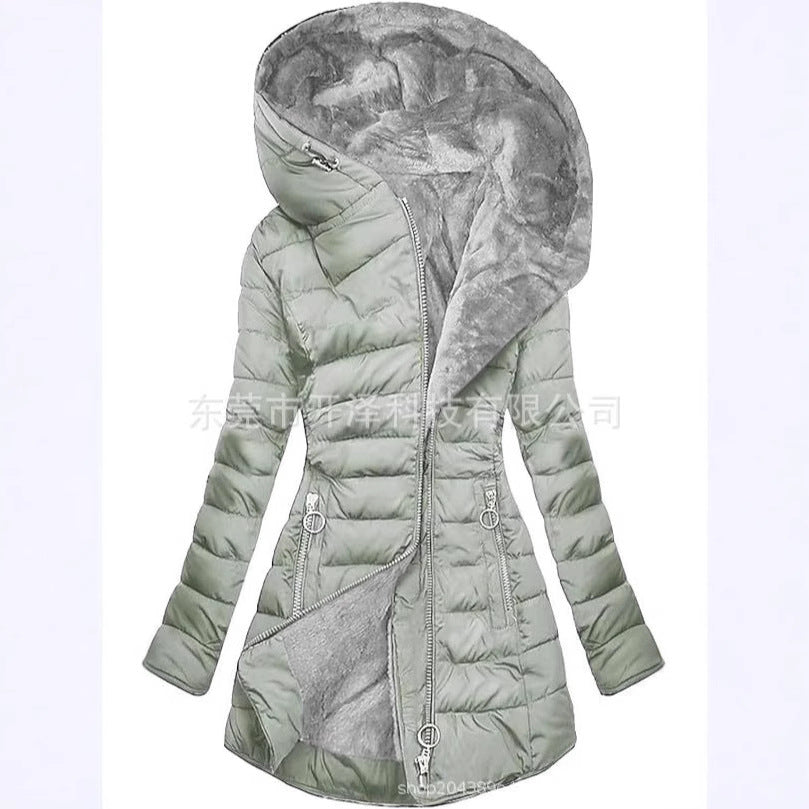 Spot 2024 new women's cotton clothes Amazon hot-selling mid-length slim cotton coat plus velvet thick hooded jacket