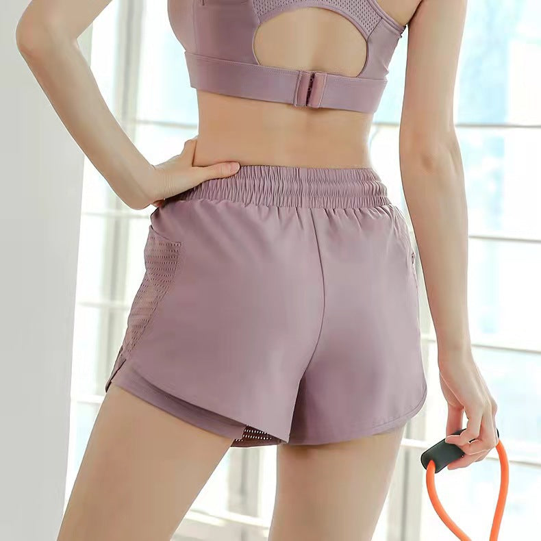 Summer casual yoga shorts for women outdoor running mesh quick-drying fitness clothes anti-exposure fake two-piece sports pants for women