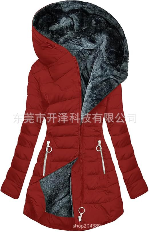 Spot 2024 new women's cotton clothes Amazon hot-selling mid-length slim cotton coat plus velvet thick hooded jacket