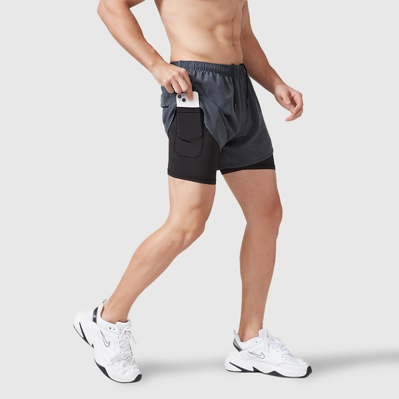 Men's fake two-piece running shorts lined with sports quick-drying breathable anti-exposure running fitness casual high-elastic three-point pants