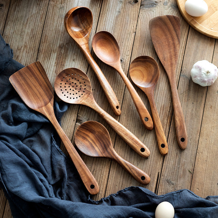 Teak cooking set Acacia wood kitchenware long handle spatula vegetable spatula solid wood spatula spoon fork non-stick pan kitchen 10 piece set