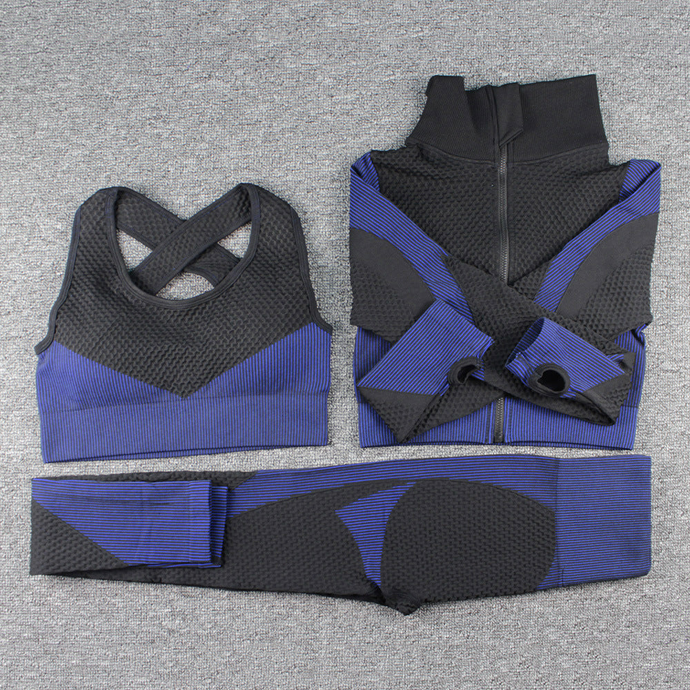 Cross-border seamless yoga three-piece suit for women peach hip sports fitness pants quick-drying breathable sports trousers zipper long sleeves