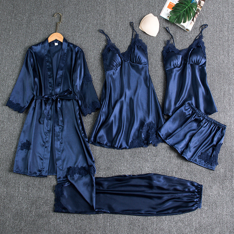 Pajamas women summer ice silk sexy hot home clothes spring and autumn long sleeve thin large size cross-border five-piece suit bathrobe