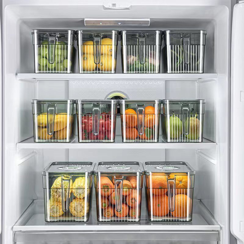 Refrigerator storage box kitchen transparent PET time-keeping drain fresh-keeping box large capacity with handle fruit and vegetable storage box