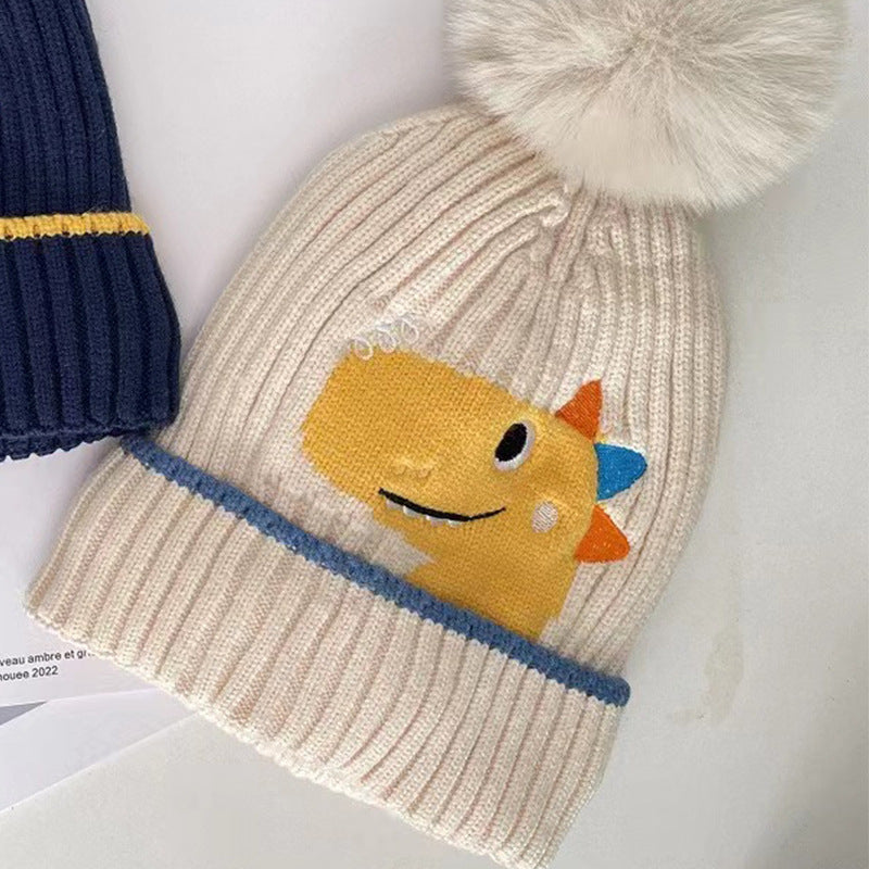 New autumn and winter children's warm hats cute bear double ball hats infant baby warm ear protection knitted wool hat