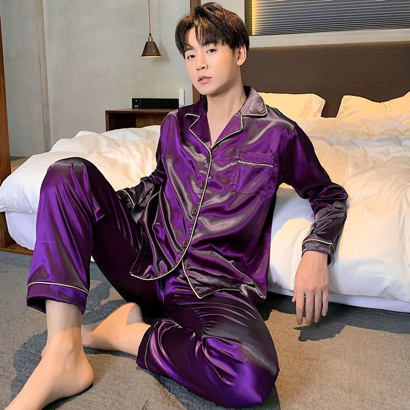 Pajamas men's ice silk long sleeve thin large size loose spring and autumn couple pajamas imitation silk home clothes women's suit