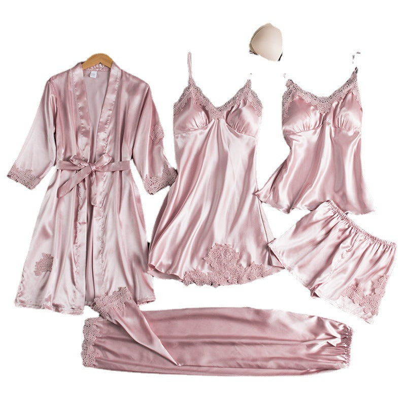 Pajamas women summer ice silk sexy hot home clothes spring and autumn long sleeve thin large size cross-border five-piece suit bathrobe