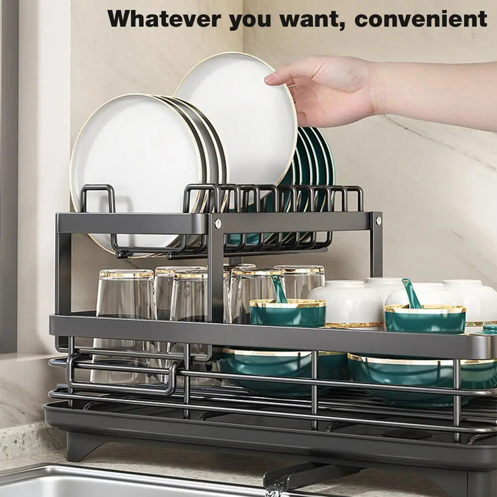 Dish Drying Rack Adjustable Kitchen Plate Storage Rack with Drain Board Sink Countertop Cutlery Storage Rack