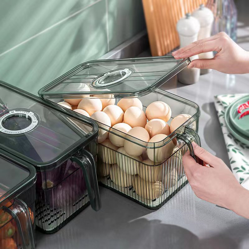 Refrigerator storage box kitchen transparent PET time-keeping drain fresh-keeping box large capacity with handle fruit and vegetable storage box