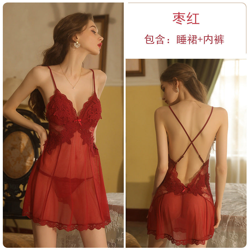 Guiruo brand pure color sexy perspective temptation backless sling nightdress embroidered pajamas female home clothes suit 1899