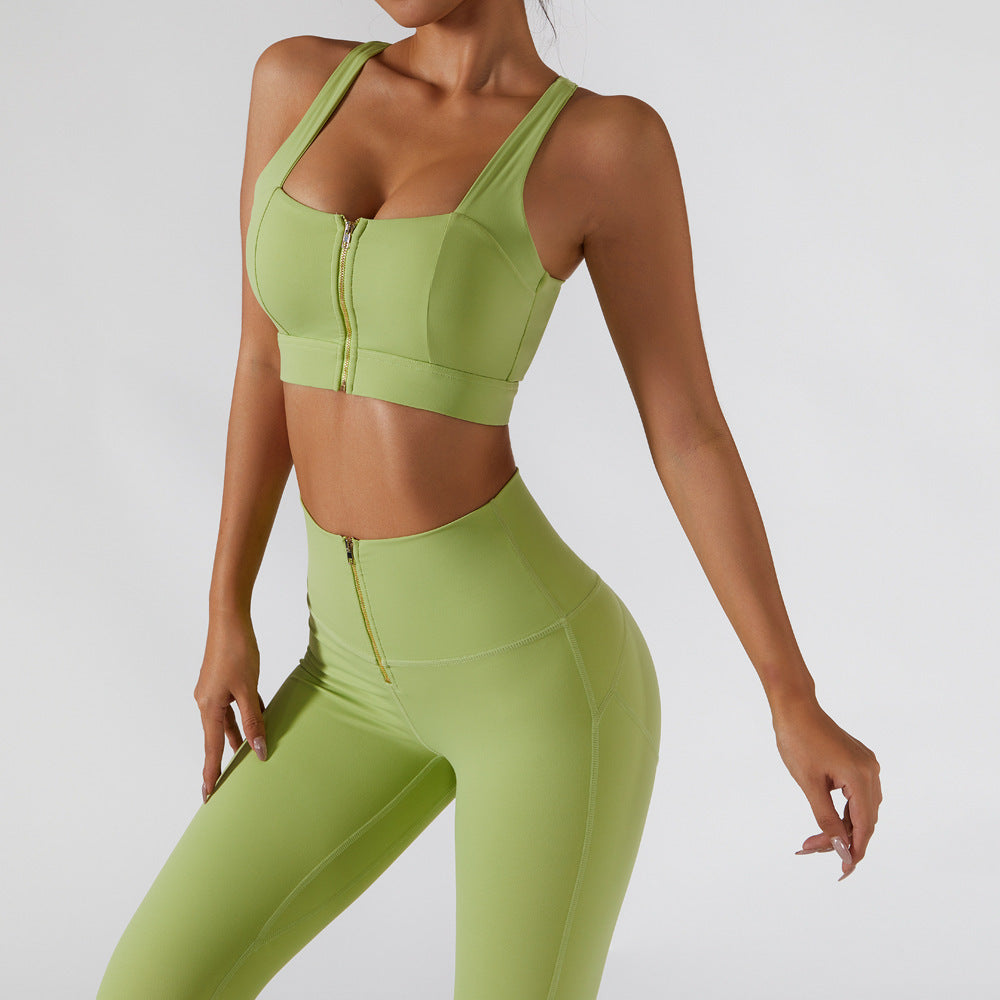 High-strength nude sports bra pants set zipper hip push-up fitness clothes summer Gym clothes