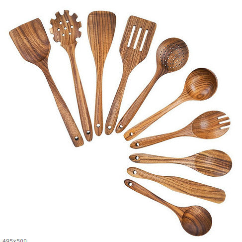Teak cooking set Acacia wood kitchenware long handle spatula vegetable spatula solid wood spatula spoon fork non-stick pan kitchen 10 piece set