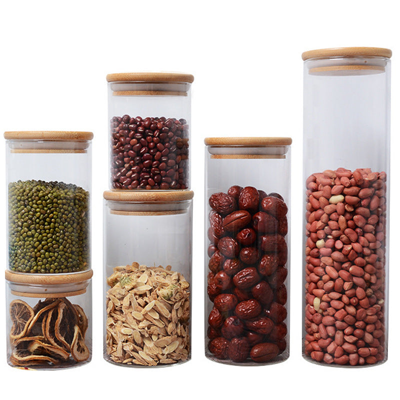 Manufacturers directly supply high borosilicate glass sealed jars kitchen sealed storage jars tea cans wooden lid glass storage jars