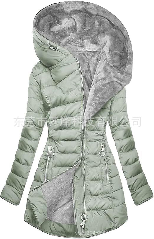 Spot 2024 new women's cotton clothes Amazon hot-selling mid-length slim cotton coat plus velvet thick hooded jacket