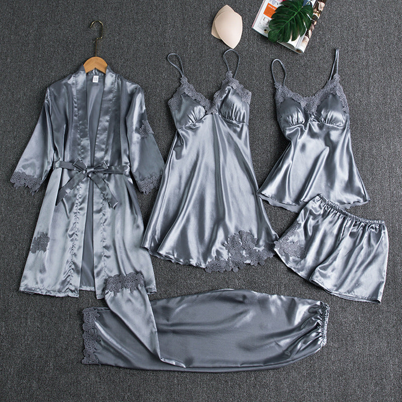 Pajamas women summer ice silk sexy hot home clothes spring and autumn long sleeve thin large size cross-border five-piece suit bathrobe