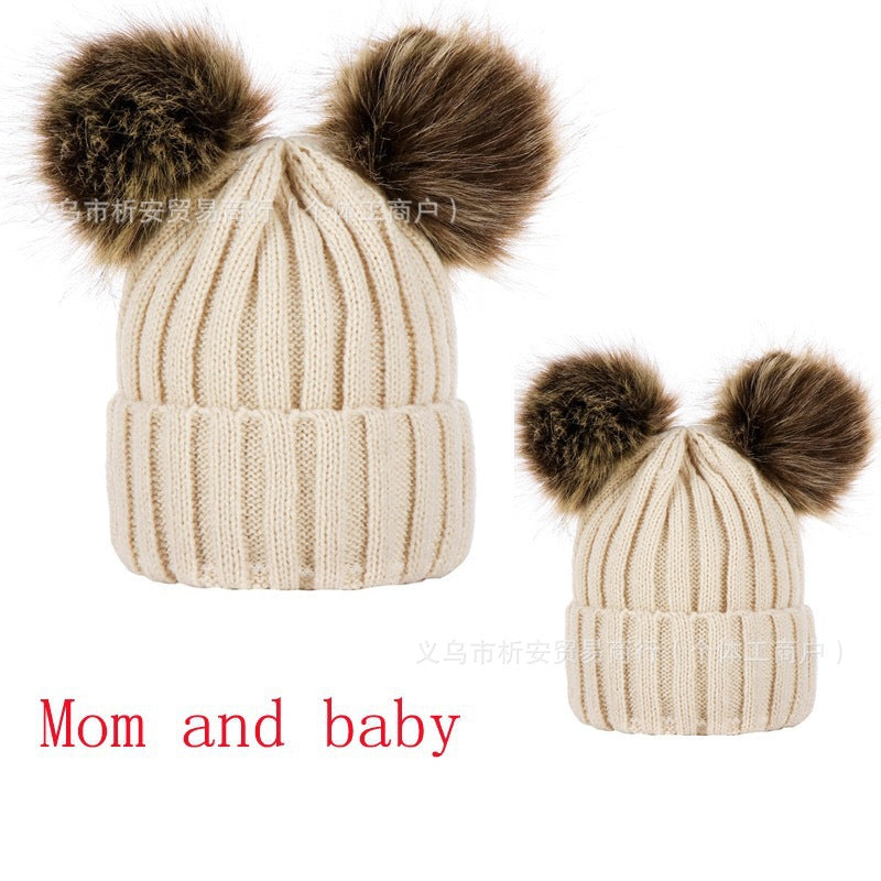 AliExpress personalized embroidery parent-child hat European and American autumn and winter threaded baby pullover hat double wool ball hat knitted