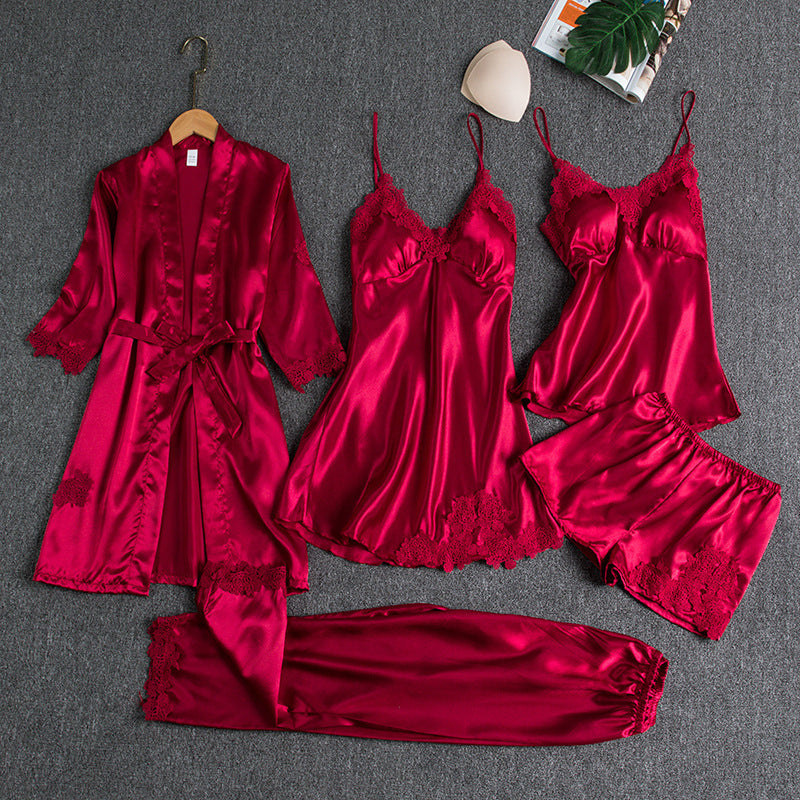 Pajamas women summer ice silk sexy hot home clothes spring and autumn long sleeve thin large size cross-border five-piece suit bathrobe