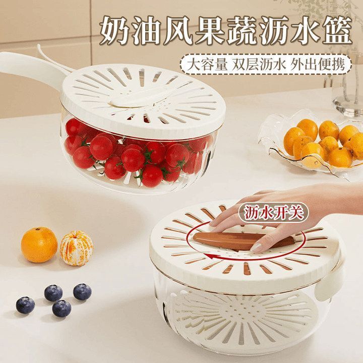 Fruit drain basket double handle washing vegetables kitchen household multifunctional fruit and vegetable basket artifact folding fresh-keeping box