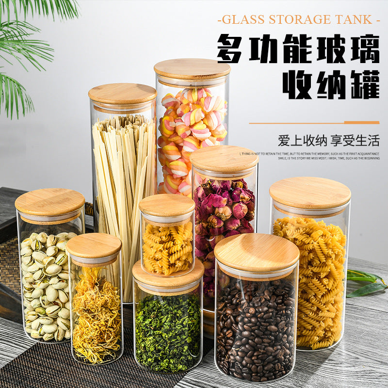 Manufacturers directly supply high borosilicate glass sealed jars kitchen sealed storage jars tea cans wooden lid glass storage jars