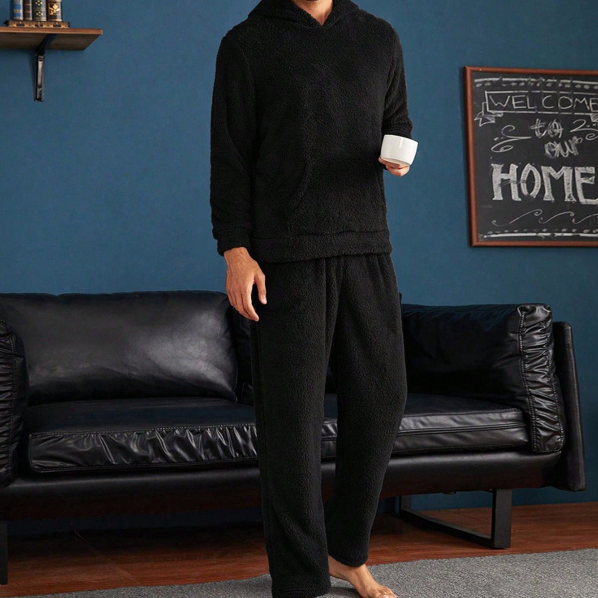 Factory direct sales European and American cross-border men's loose casual coral fleece home clothes hooded pajamas set 24 autumn and winter