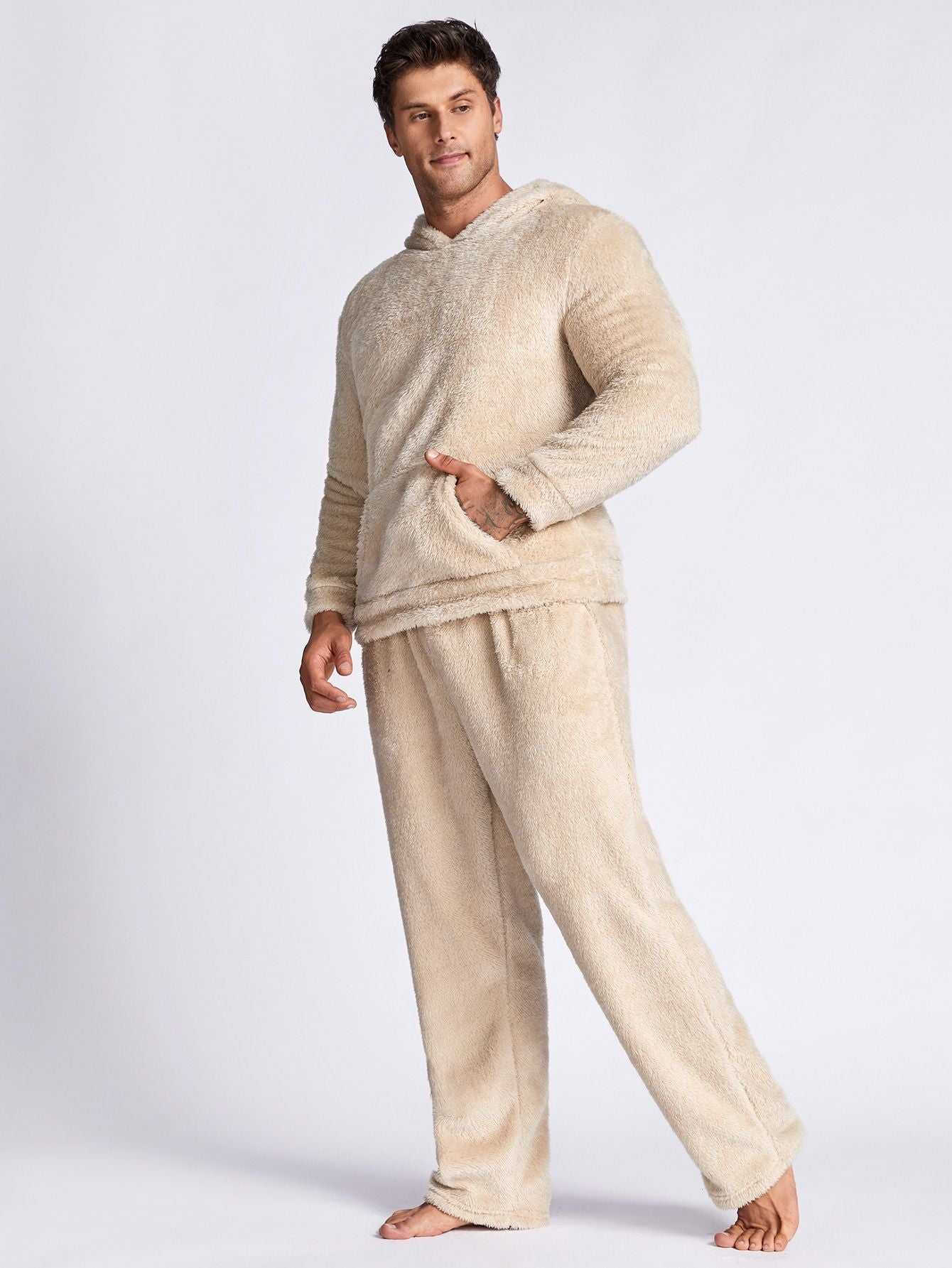 Factory direct sales European and American cross-border men's loose casual coral fleece home clothes hooded pajamas set 24 autumn and winter