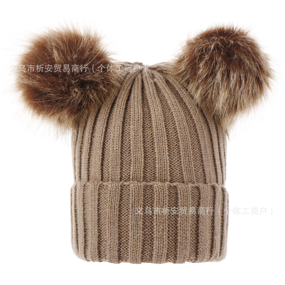 AliExpress personalized embroidery parent-child hat European and American autumn and winter threaded baby pullover hat double wool ball hat knitted