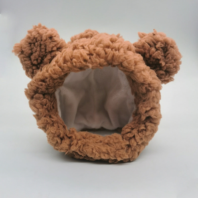 New pet hat bear plush head cover cute cat dog woven warm headdress dress up pet clothes