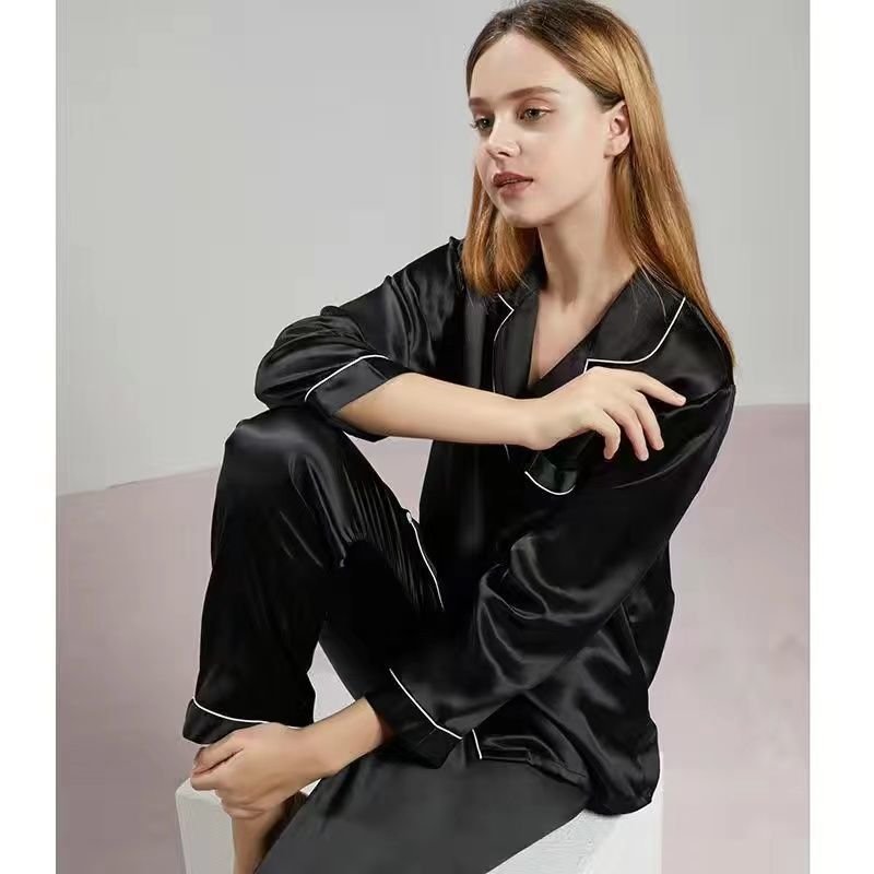 Pajamas men's ice silk long sleeve thin large size loose spring and autumn couple pajamas imitation silk home clothes women's suit