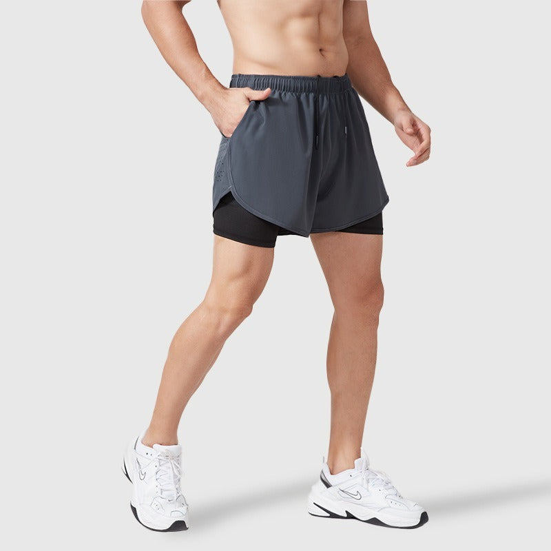 Men's fake two-piece running shorts lined with sports quick-drying breathable anti-exposure running fitness casual high-elastic three-point pants