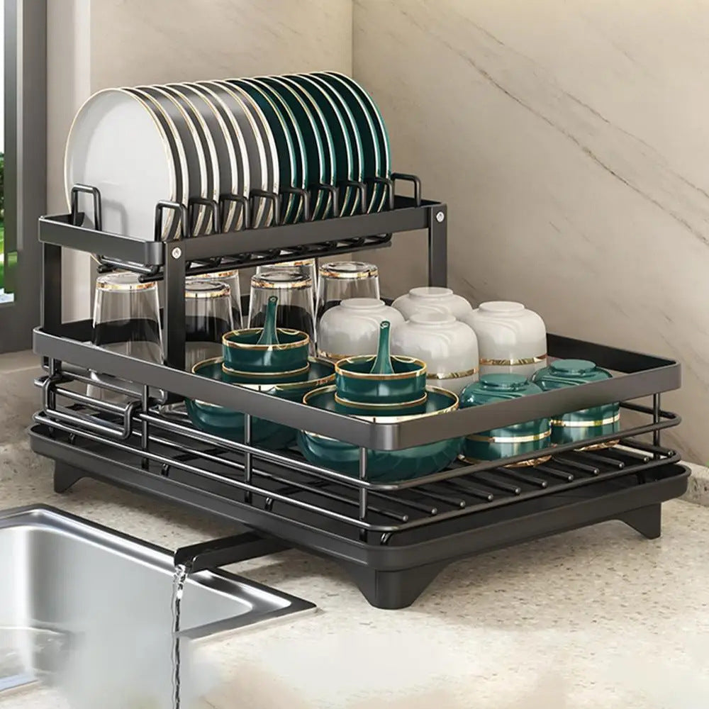 Dish Drying Rack Adjustable Kitchen Plate Storage Rack with Drain Board Sink Countertop Cutlery Storage Rack