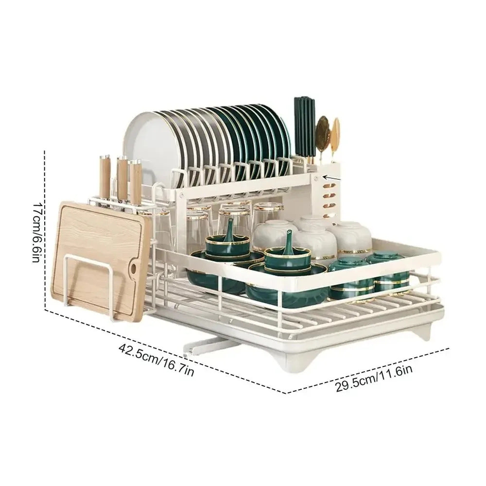 Dish Drying Rack Adjustable Kitchen Plate Storage Rack with Drain Board Sink Countertop Cutlery Storage Rack