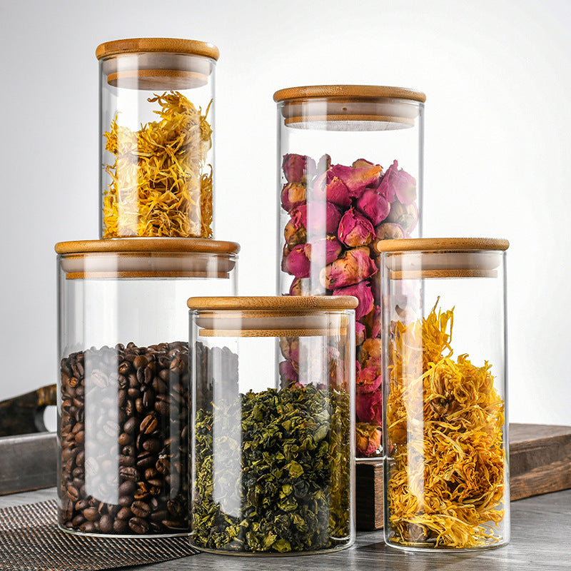 Manufacturers directly supply high borosilicate glass sealed jars kitchen sealed storage jars tea cans wooden lid glass storage jars
