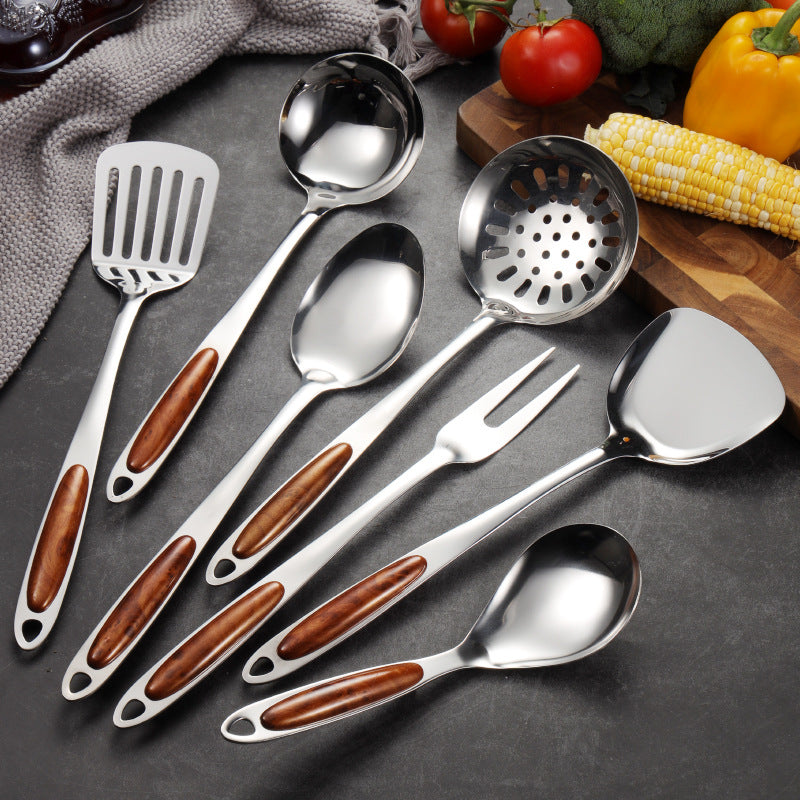 Stainless steel golden peach wood soup spoon household porridge spoon colander frying shovel rice spoon meat fork tongue spoon kitchen 7-piece set