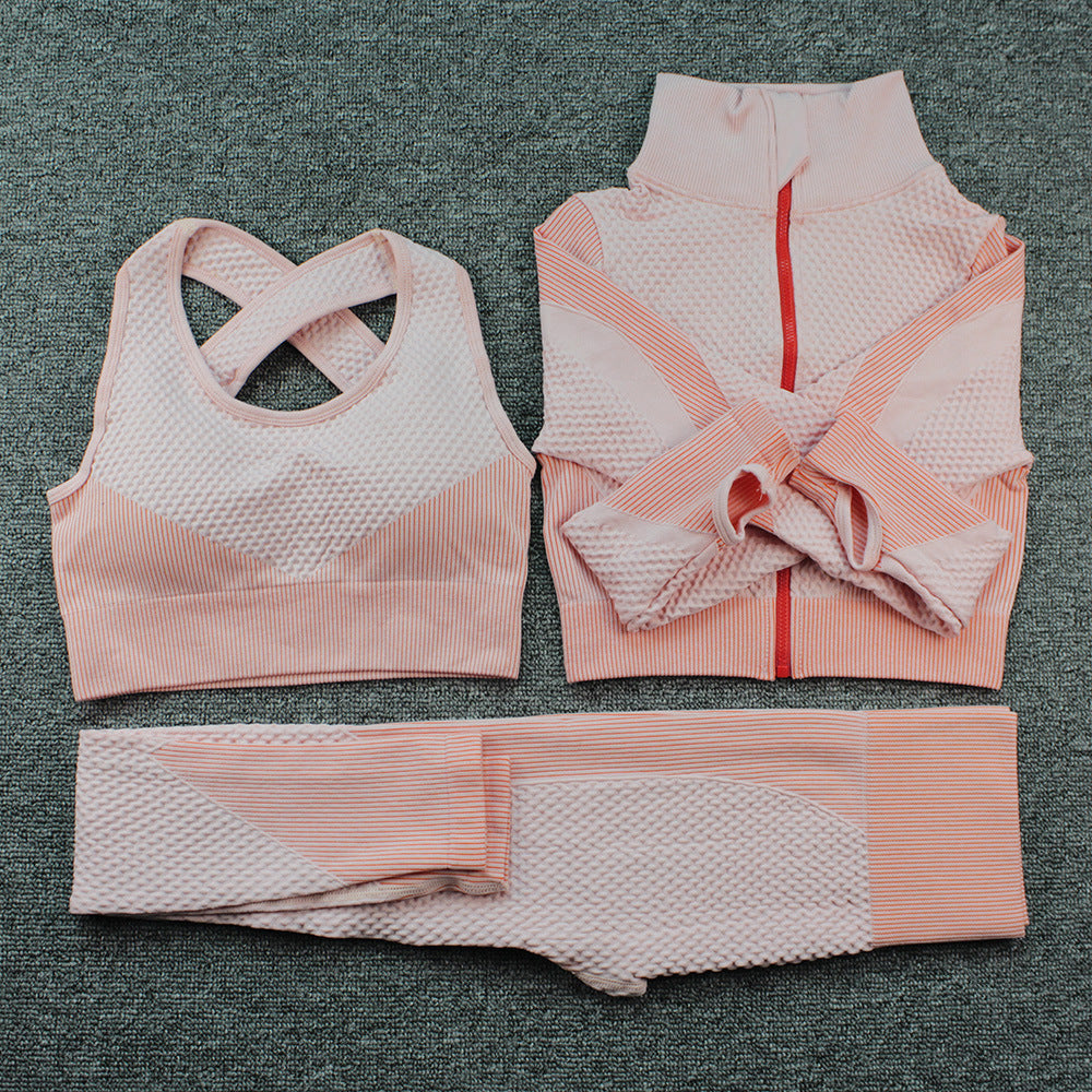 Cross-border seamless yoga three-piece suit for women peach hip sports fitness pants quick-drying breathable sports trousers zipper long sleeves
