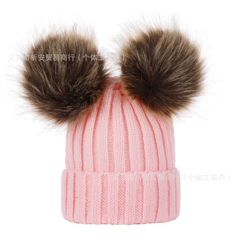 AliExpress personalized embroidery parent-child hat European and American autumn and winter threaded baby pullover hat double wool ball hat knitted