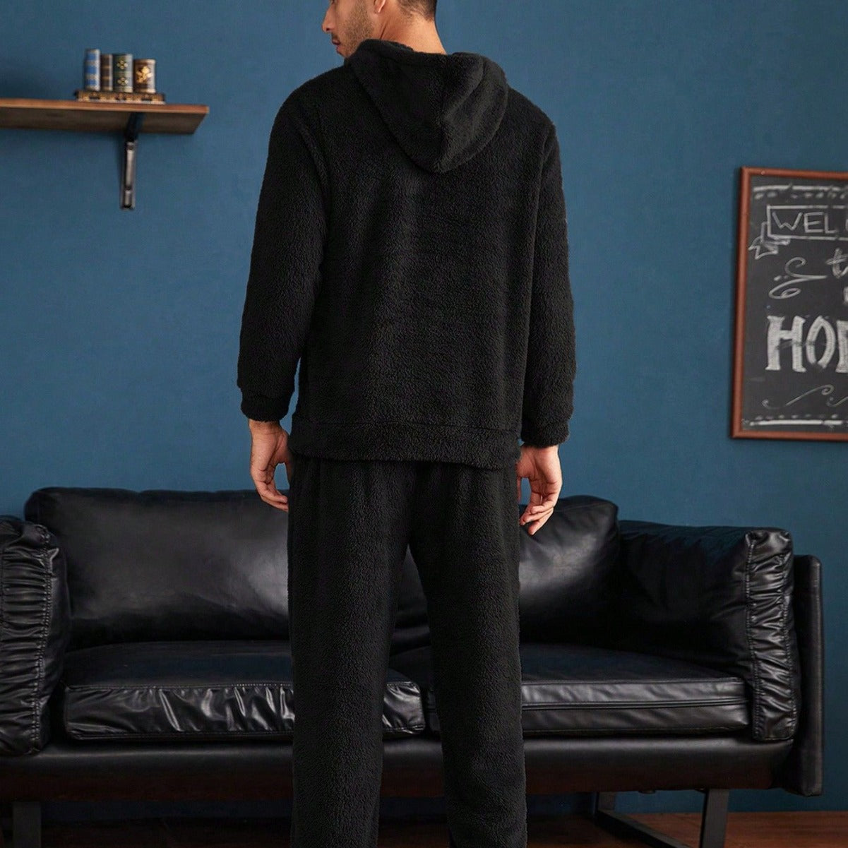 Factory direct sales European and American cross-border men's loose casual coral fleece home clothes hooded pajamas set 24 autumn and winter