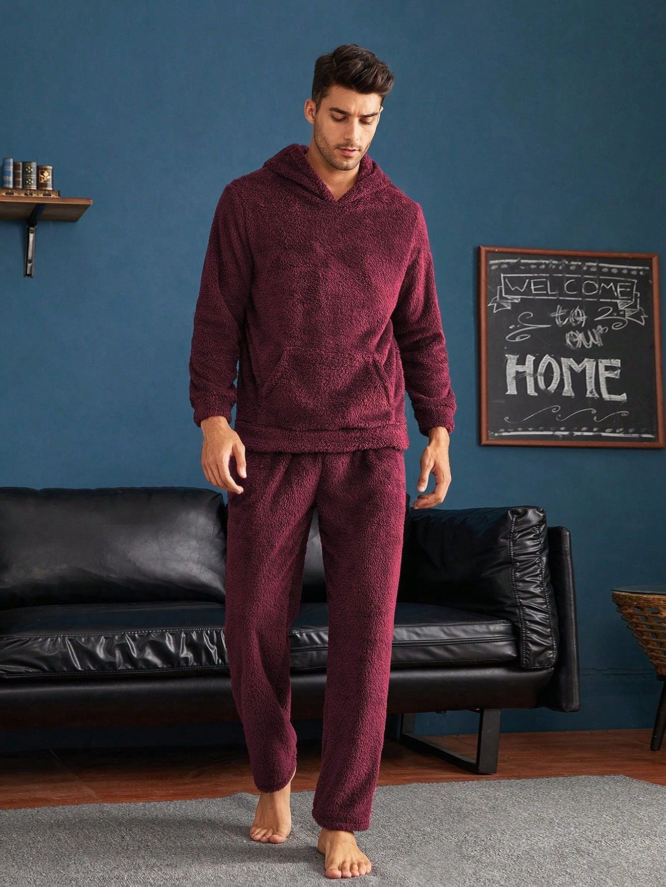 Factory direct sales European and American cross-border men's loose casual coral fleece home clothes hooded pajamas set 24 autumn and winter