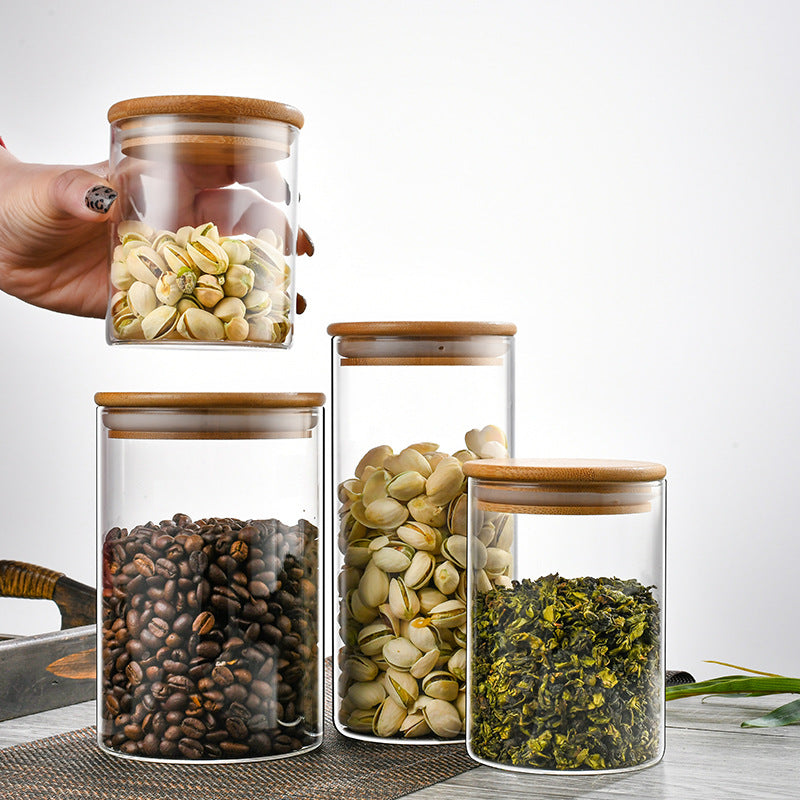 Manufacturers directly supply high borosilicate glass sealed jars kitchen sealed storage jars tea cans wooden lid glass storage jars