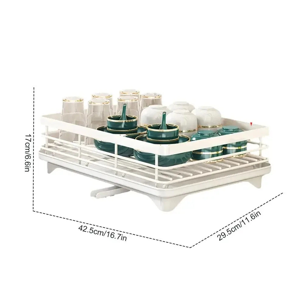 Dish Drying Rack Adjustable Kitchen Plate Storage Rack with Drain Board Sink Countertop Cutlery Storage Rack