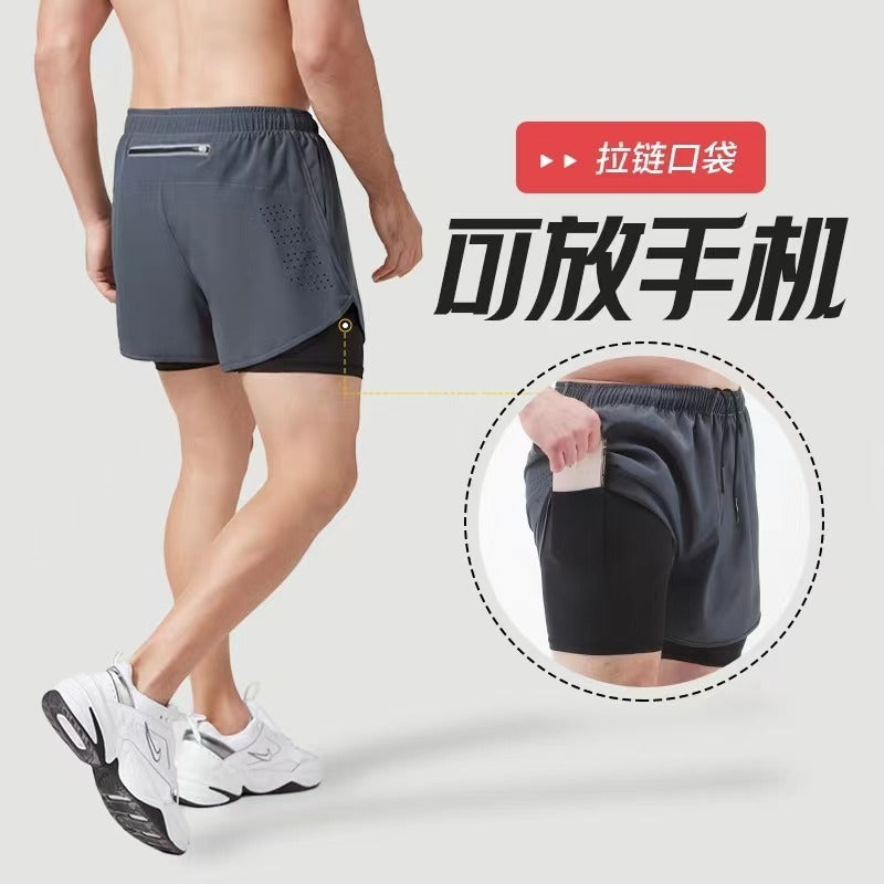 Men's fake two-piece running shorts lined with sports quick-drying breathable anti-exposure running fitness casual high-elastic three-point pants