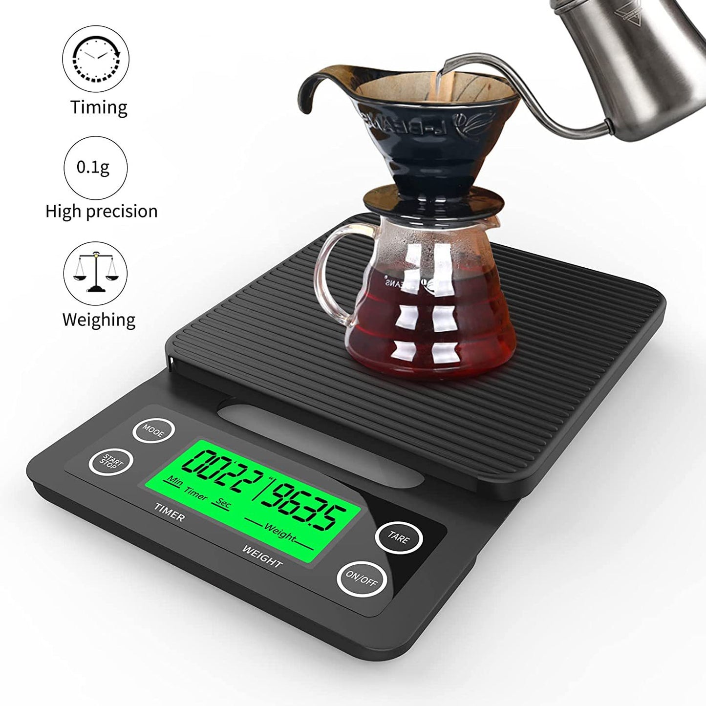 Smart hand brewed coffee electronic scale Cross-border timing kitchen scale Black 5kg 0.1g household food baking scale